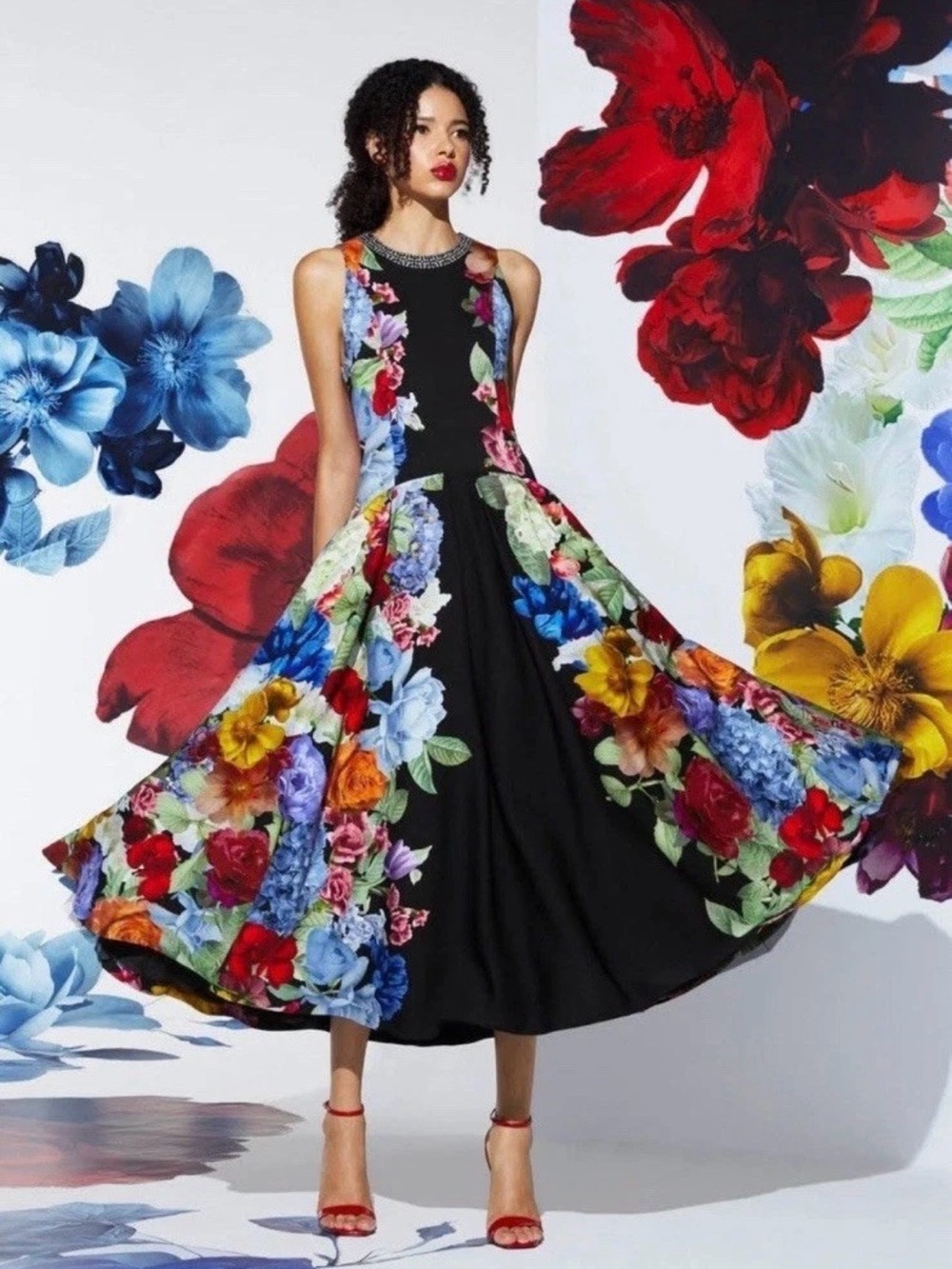Alice+Olivia Adley Drop Waist Floral Panel Midi Dress Black Midi - Sz 0 NWT $695
